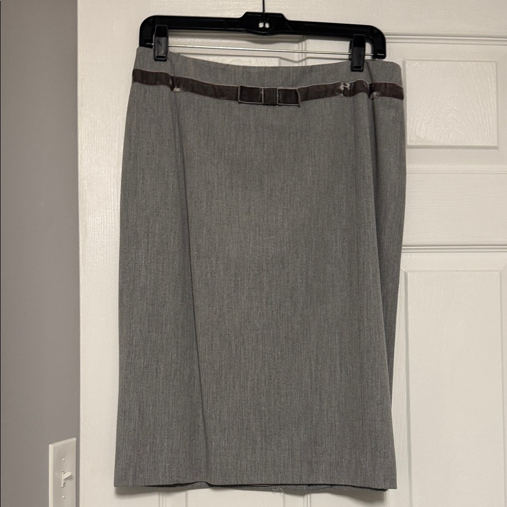 Classic Gray Pencil Skirt with Brown Trim